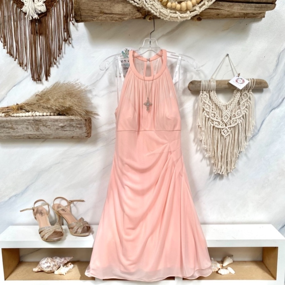 Elegant blush/peach Halter wedding bridesmaid party Dress w sheet detailing